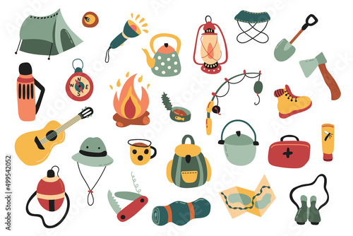 Cute hand drawn camping set. White background, isolate. Vector illustration.
