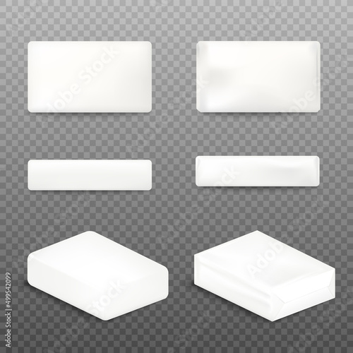 White soap bar vector 3D mockup, isolated on transparent background. Soap wrapped in blank package vector mock up.