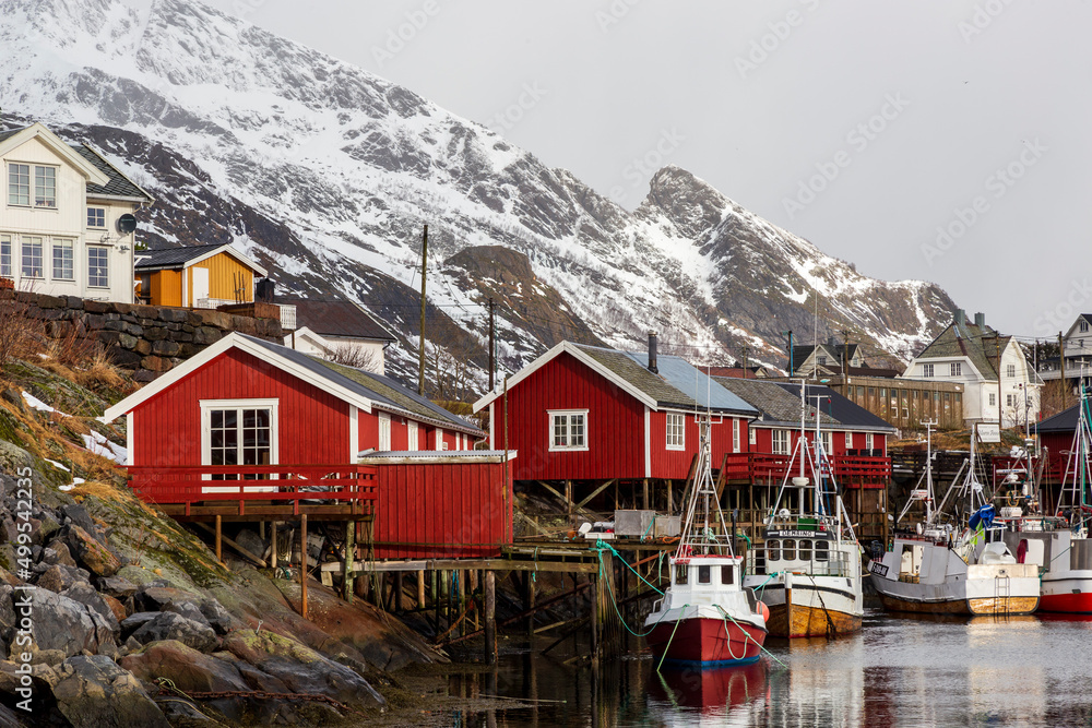 Moskenes Norway 02-28-2022. Fishing boats and  fisherman's house  called Rorbu at Moskenes in Lofotens islands. Norway.