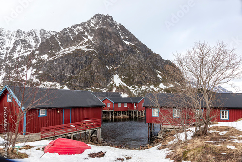 Moskenes Norway 02-28-2022. Old traditional fisherman's house  called Rorbu at Moskenes in Lofoten islands. Norway. photo