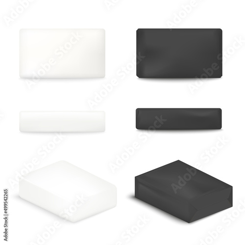 Black soap bar in black paper wrap 3D vector mockup, top, side and three quarter view. White soap to make identity.
