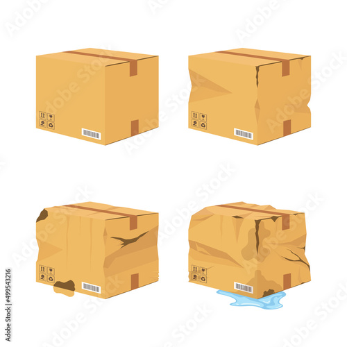 Cartoon broken package. Ripped and wet shipping cardboard packaging