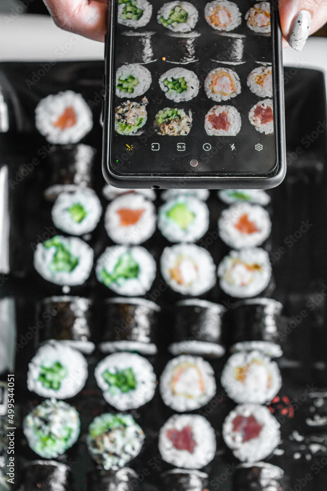 Sushi and rolls. Delicious set of fast food delivery on a white background