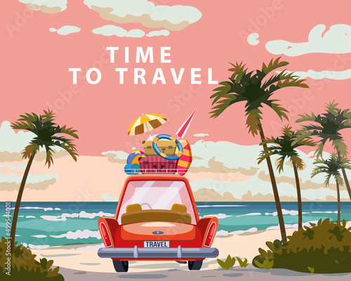 Time to travel red car with luggage bags, surfboard on the beach. Tropical seachore, palms, sea, ocean, back view. Vector illustration retro cartoon