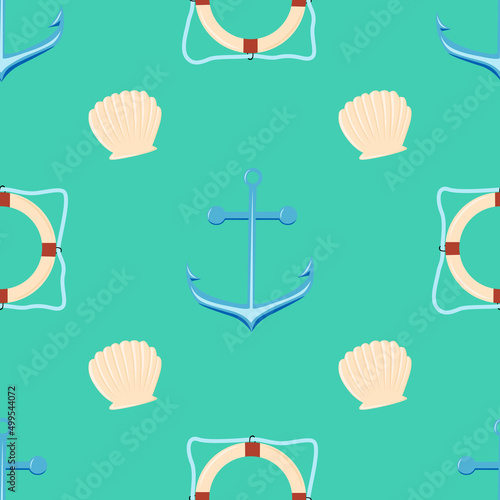 Seashell and anchor vector seamless pattern background