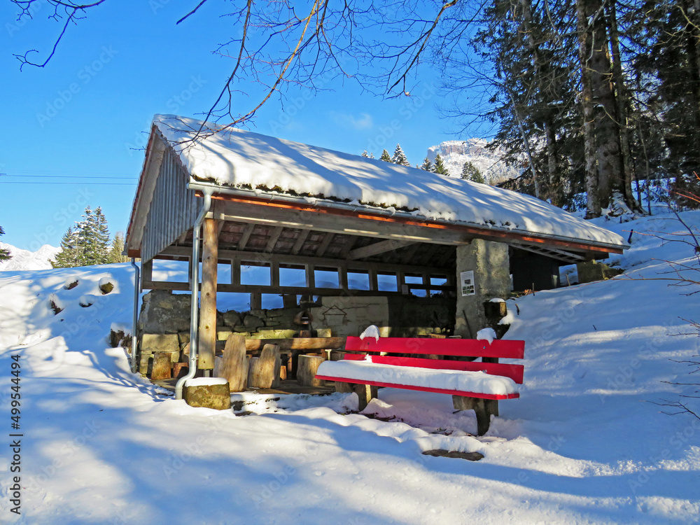 Naklejka premium Indigenous alpine huts and wooden cattle stables on Swiss pastures covered with fresh white snow cover, Nesslau - Obertoggenburg, Switzerland (Schweiz)