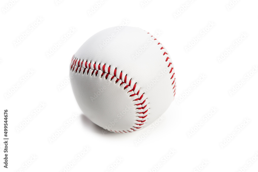 Sport Accessories Concepts. Closeup Image of White Leather Knitted American Baseball Ball Placed Over White Background Sport Accessories Concepts. Closeup Image of White Leather Knitted American Baseball Ball Placed Over White Background