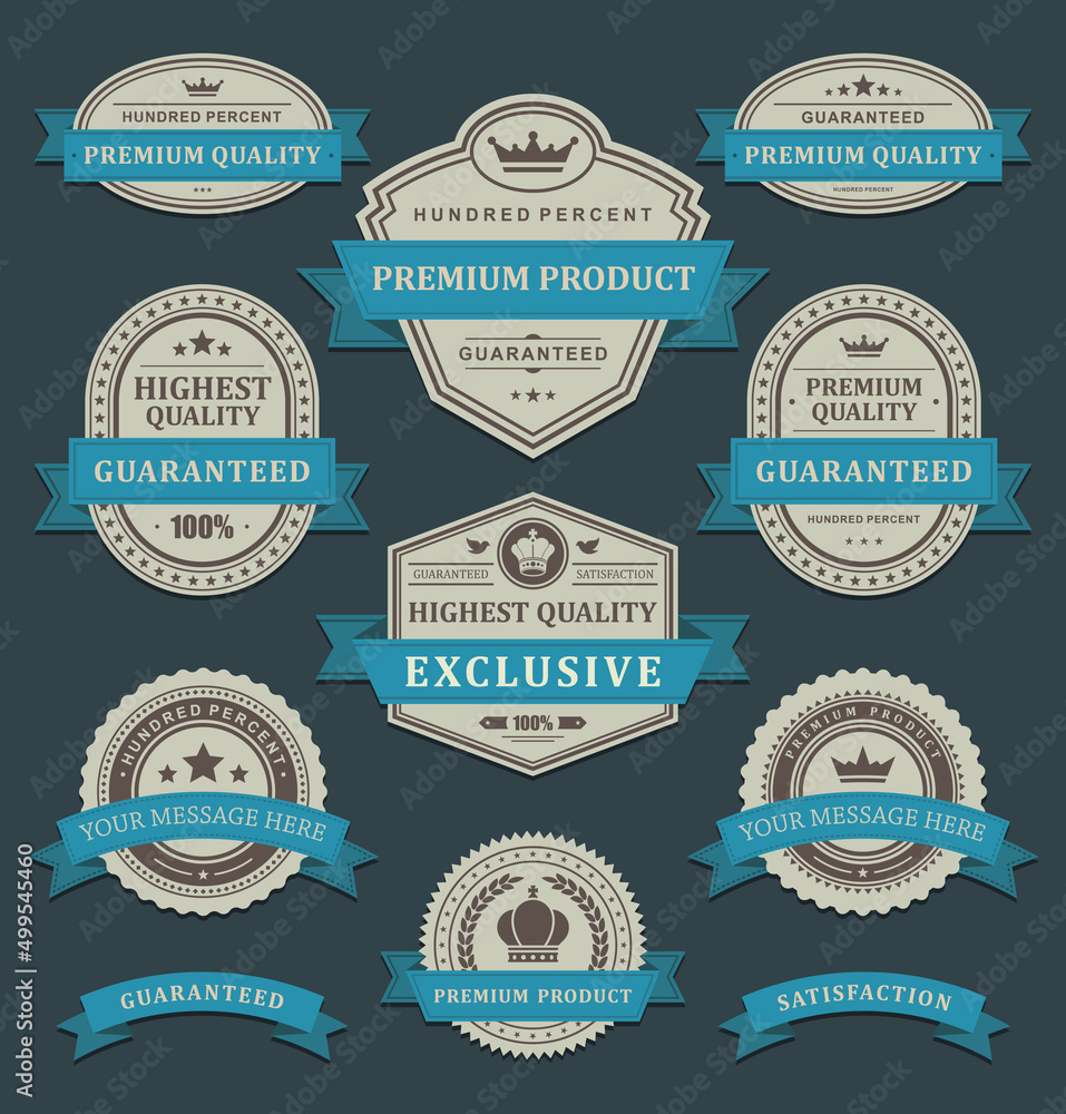 Vintage premium product label with ribbon and place for text set vector illustration. Collection retro badge marketing certificate security quality guarantee exclusive premium design crown and laurel