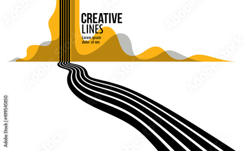 Future lines in 3D perspective vector abstract background, black and yellow linear composition, road to horizon and sky concept, optical illusion op art.