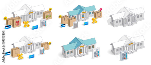 Business and finance concepts 3D vector illustrations set isolated on white background, money theme conceptual design collection, savings, bank, contract, income, safety, online.