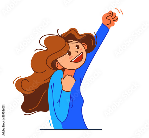 Happy young girl excited with winner gesture vector illustration, woman saying yes to success and goal cartoon drawing, champion win.