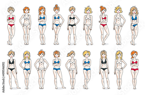Bikini clothes cute and attractive women vector illustrations big collection isolated on white background, perfect slim curvy body gorgeous female drawings, diverse people girls set.