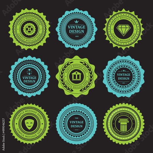 Collection green and blue monochrome ragged circle vintage badge elegant border premium quality vector illustration. Set minimalist insignia stamp antique award label round frame with place for text