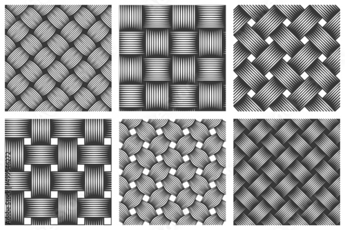 Weave seamless patterns set, vector linear backgrounds with woven textures, textile knitted repeat tiling wallpapers, perfect simplistic minimal designs.