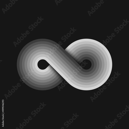 Infinity logo or sport track form, overlapping round geometric shape, shades of gray Infinite loop technology symbol.