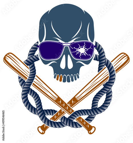 Brutal gangster emblem or logo with aggressive skull baseball bats design elements, vector anarchy crime or terrorism retro style, ghetto revolutionary.