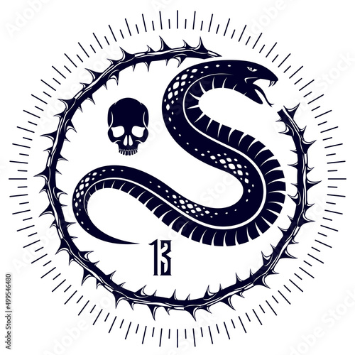Snake vector logo emblem or tattoo, deadly poison dangerous serpent, venom aggressive predator reptile animal vintage style illustration.