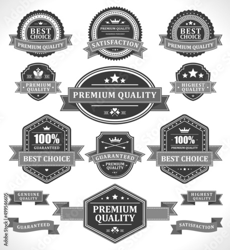 Collection monochrome quality insignia badge border with ribbon decorative design place for text vector illustration. Set vintage labels best commercial certificate customer assurance satisfaction