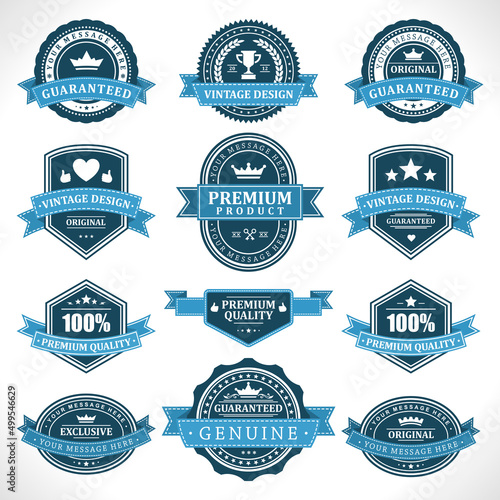 Collection monochrome quality insignia badge border with ribbon decorative design place for text vector illustration. Set vintage labels best commercial certificate customer assurance satisfaction
