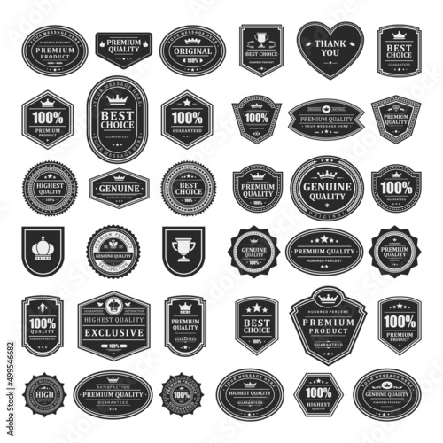 Set premium quality certificate black monochrome vintage warranty best choice badge vector illustration. Collection genuine label exclusive original product customer satisfaction symbol frame design