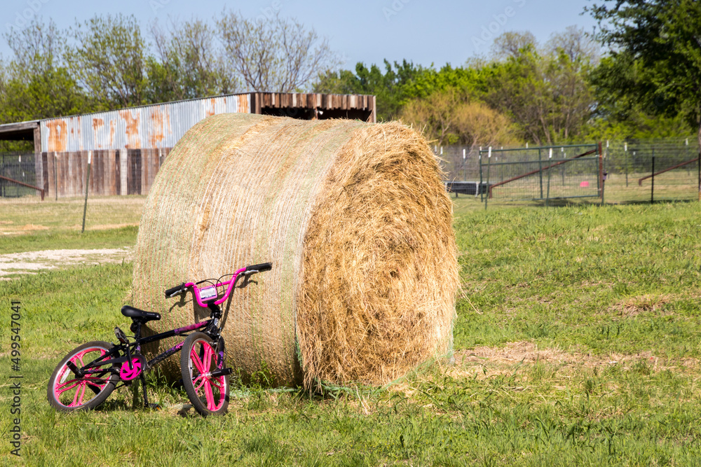 Obraz premium hay bales on a farm and a bike