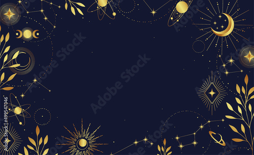 Magic violet background with crescent, constellations, stars, place for text. Astrological banner with stars, cosmic pattern. Vector illustration © Любовь Овсянникова