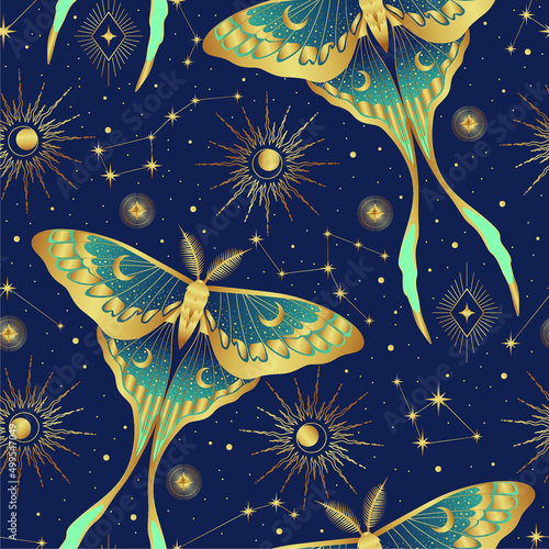 Seamless pattern with moths in the  starry sky. Night butterfly. Design for card, fabric, print, greeting, cloth, poster, clothes, textile.