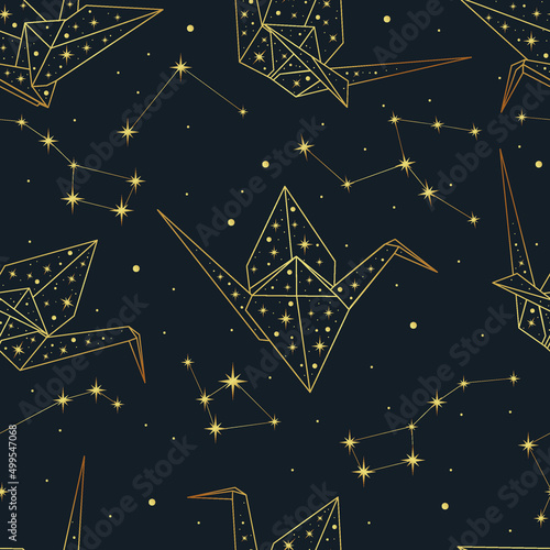 Magic origami flying in the dark sky. Seamless vector pattern with paper birds, stars and constellations. Universe collection. 