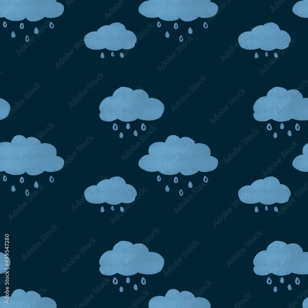 Cute hand drawn rainy clouds on dark blue background seamless pattern Cute hand drawn rainy clouds on dark blue background seamless pattern