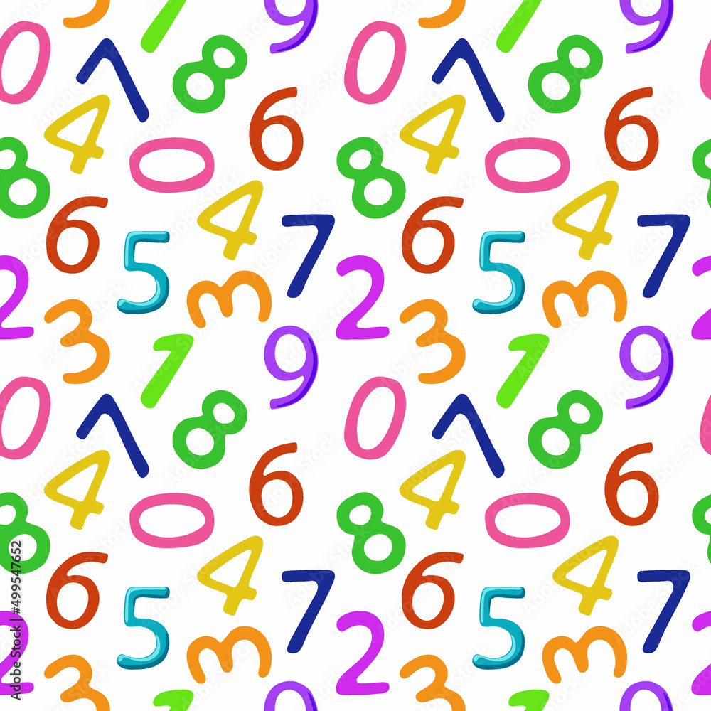 Seamless pattern of multicolored numbers, hand-drawn elements in a cartoon style. Bright Arabic numerals. School. Learning. Children. Learning. Cute numbers.