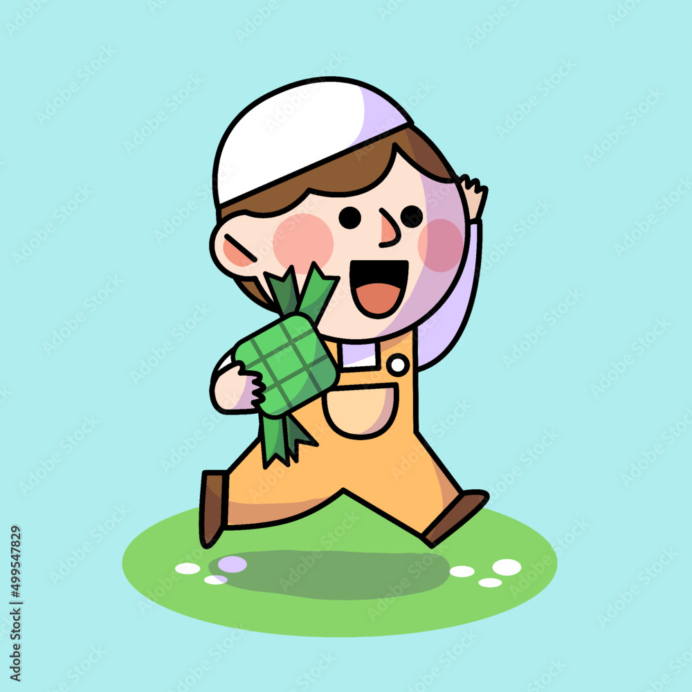 Running Boy Celebrating Eid Fitr Mubarak Doodle Poster Illustration Asset