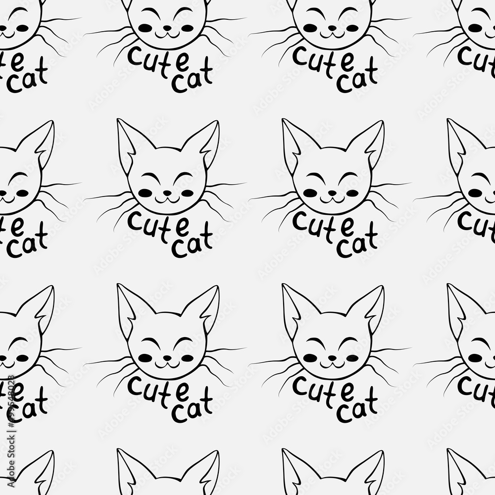 Fototapeta premium Vector seamless pattern with outline muzzles of cute cat and lettering in doodle style. Funny background, texture, isolated