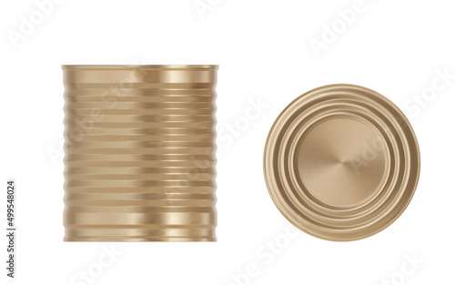 Golden ribbed tin can realistic mockup with top view. 3d isolated steel or aluminum blank tincan. Illustration of conserve product for package design. Clear unbranded container template
