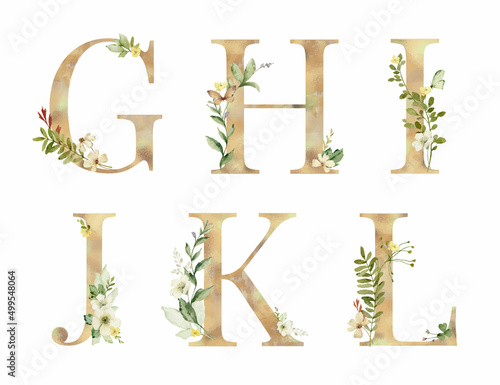 Floral vector golden alphabet, letters G, H, I, J, K, L.