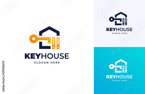 Key house hosting server storage data smart tech vector logo design, key house door open logo design
