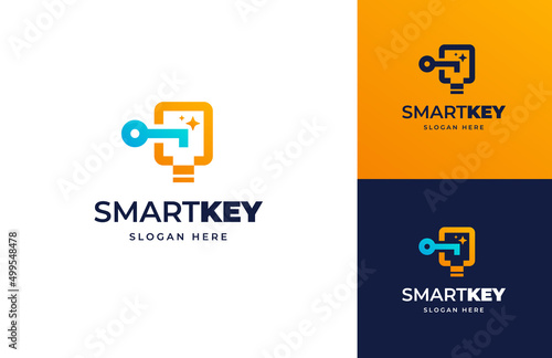 Smart key bulb think innovation solution vector logo design, Open key hole secure house home lamp electricity logo design