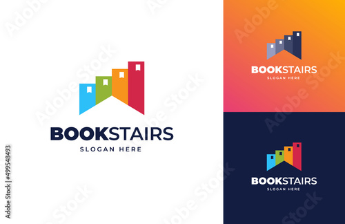 book stairs solution idea progress success education vector logo design, House stairway success achievement goal logo design