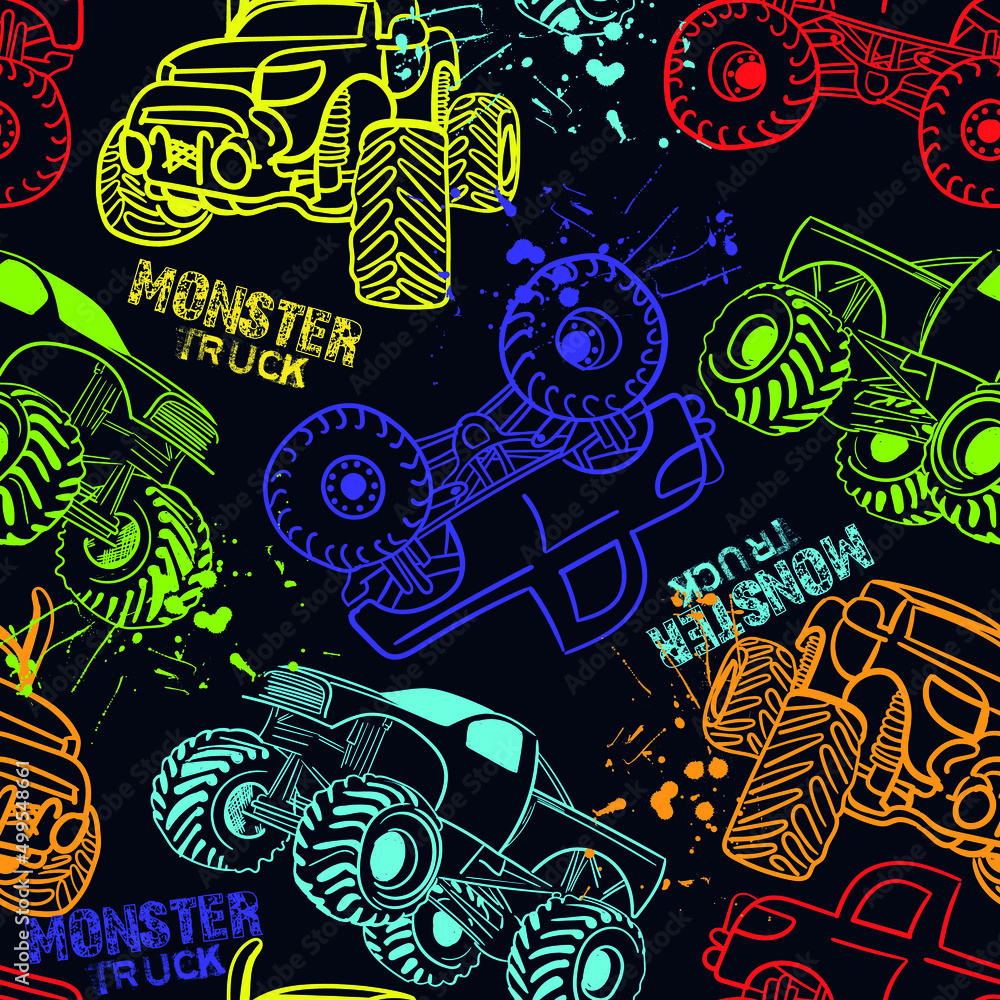 Abstract seamless Monster Truck car pattern on grunge shape cracked background with shabby dots and spray paint texture, ink. Boys style wheel auto repeated backdrop. 