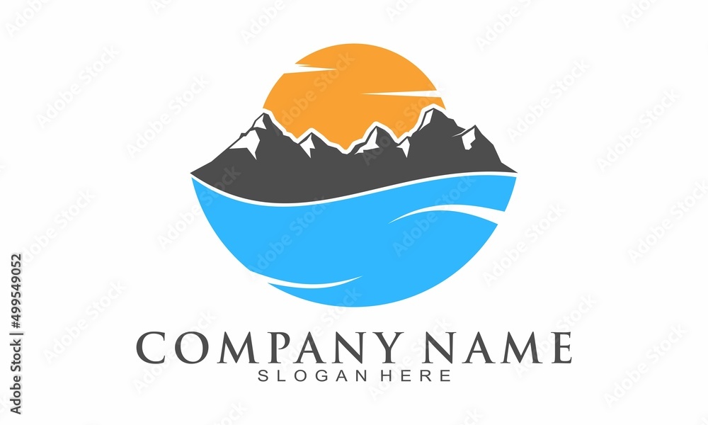 Mountain with sea and sun vector logo
