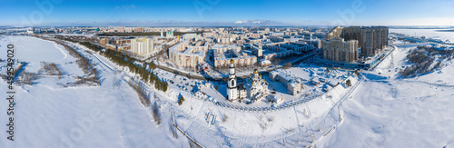 Surgut city in winter. Residential area, panoramic view of the city. Aerial view.
