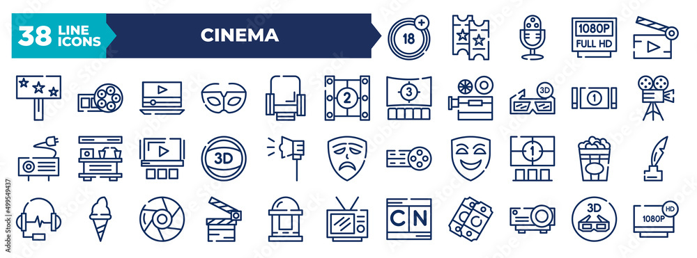 Vetor de set of thin line cinema icons. outline icons such as plus 18 ...
