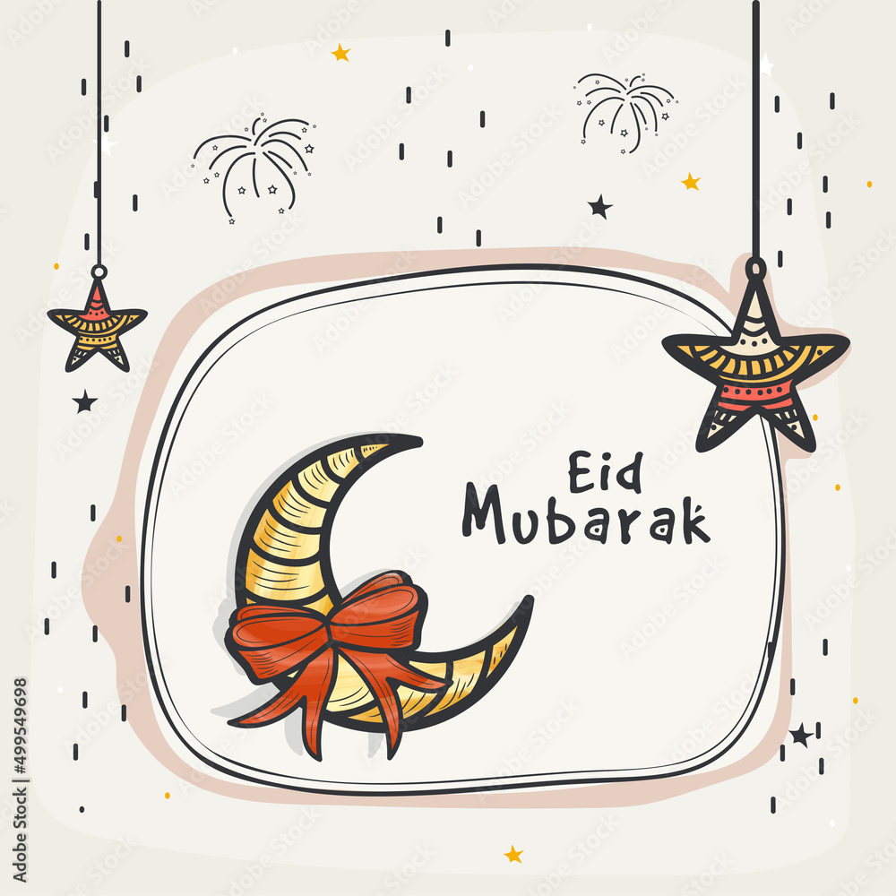Eid Mubarak Celebration Concept With Golden Crescent Moon, Bow Ribbon