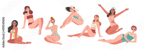 Beautiful summer girls in swimsuits with different skin colors and hairstyles. Women sit in various poses and swim suits: bikini, one piece swimsuit. Vacation concept.