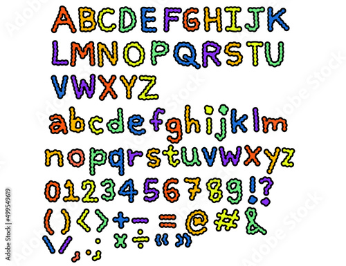 Set of letters.Hand drawn alphabet.English font and number.Kids style colorful.Playful childish.Back to school concept.Rainbow clouds.Sign, symbol, icon or logo isolated.Cartoon vector illustration.