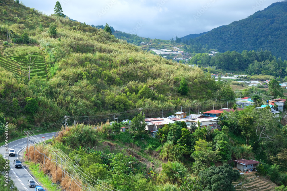 Kundasang valley is featured with terraced hill slopes planted with highlands vegetables and fruits, Sabah, Malaysia.