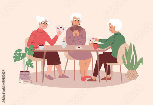 Cheerful elderly women have playing card board games. People of age retirement fun spend time together. Evening active gatherings of friends. Flat vector illustration on a beige background