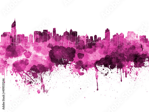 Jakarta skyline in pink watercolor on white background