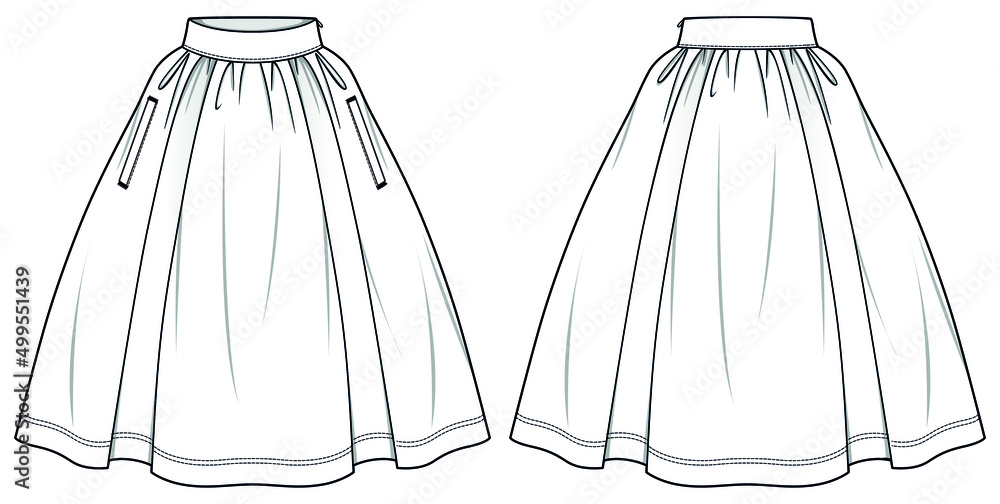 Vector smocked mini skirt fashion CAD, woman flared skirt with gathering technical  drawing, template, flat, sketch. 2 pieces set of jersey or woven fabric  skirt with front, back view, white color Stock