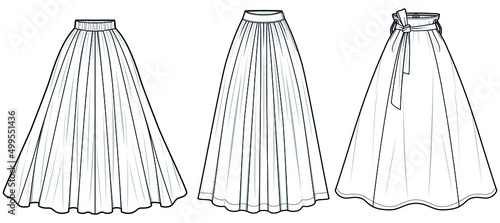 Panel Maxi Skirt with Knot Belt, Flared Maxi Skirt Set. Fashion Illustration, Vector, CAD, Technical Drawing, Flat Drawing.