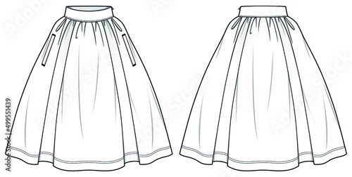 Box Pleat Skirt with Side Pocket, High Waisted A-line Flared Pleated Midi Skater Skirt Front and Back View. Fashion Illustration, Vector, CAD, Technical Drawing, Flat Drawing.